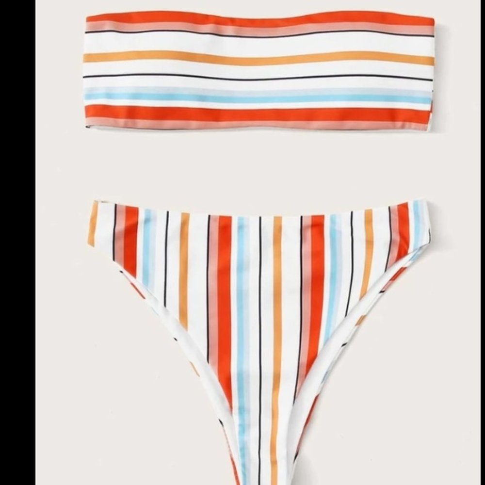 Striped bandeau bikini swimsuit high waisted
